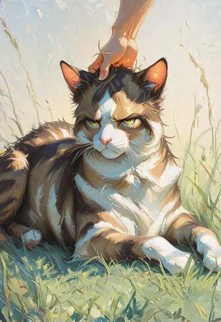 Oil painting impressionism style of an annoyed brown and white house cat lying on grass with a hand scratching its head under dim light.