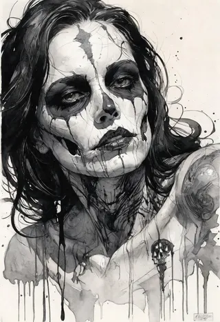 Hyper detailed black and white ink sketch of a woman with skull face paint and dripping ink effects, rendered in watercolor fill on a white background.