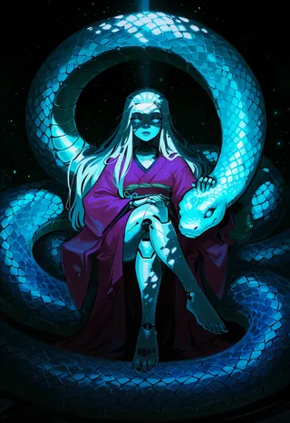 An android girl with white hair and blue glowing eyes in a purple kimono, barefoot with robotic legs, sitting with crossed legs and petting a giant snake with luminescent blue scales under cinematic dappled light.
