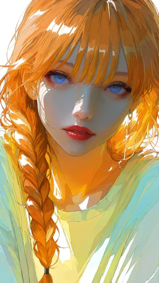 Portrait of a girl with long orange braided hair, striking blue eyes, and red lips in a realistic ligne claire style on a white background.