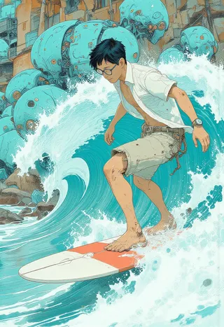 A young man with black hair and glasses surfs on a white and red surfboard through a wave made of turquoise robots in a summer bright light scene.