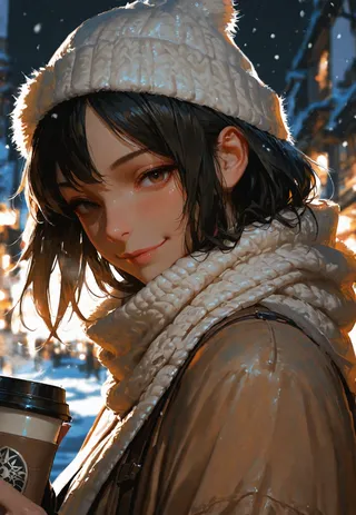Close-up portrait of an Asian girl with short dark hair wearing a white knitted hat and scarf, holding a coffee cup outdoors on a snowy street with cinematic lighting.