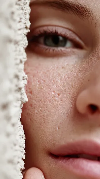 Close-up image of a person's face showing detailed natural skin texture with visible freckles, pores, lips, and an eye partially visible.