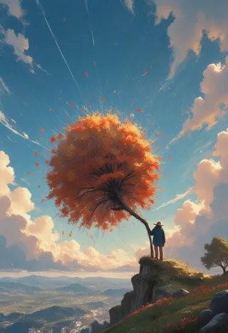 A solitary figure stands on a cliff edge holding an autumn tree with vibrant orange leaves against a bright blue sky with fluffy clouds and distant mountains.