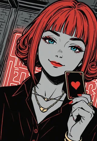 Close-up of a woman with red curly hair, blue eyes, and black shirt holding an ace of hearts playing card indoors with neon lights.