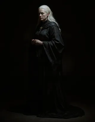 A hyperrealistic full-body portrait of an ancient woman with long silver-white hair, dressed in flowing dark robes, set against a black background with strong chiaroscuro lighting.