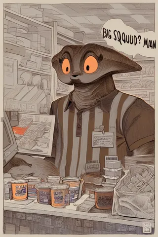 Close-up of a big squid man with orange eyes and striped shirt working as a cashier behind a shop counter filled with instant ramen cups and snacks.