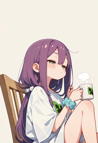 Anime girl with long purple hair sitting on a wooden chair, wearing an oversized shirt with a creeper print, holding a steaming coffee mug with pastel background