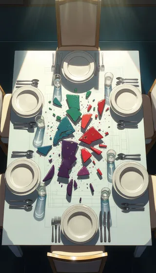Overhead view of a meticulously set dinner table with a shattered plate frozen mid-air, each shard painted in different colors, casting radial shadows, in an anime style.
