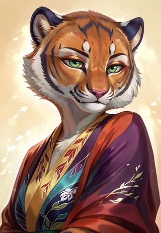 Close-up portrait of an anthro female tiger with piercing green eyes wearing a colorful silk kimono, digital art with highly detailed fur and soft background.