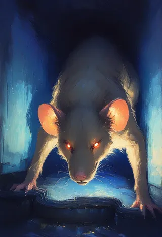 Close-up oil painting of a rat with glowing eyes, brown fur, crawling in a dark sewer with shadow and blue gradient background.