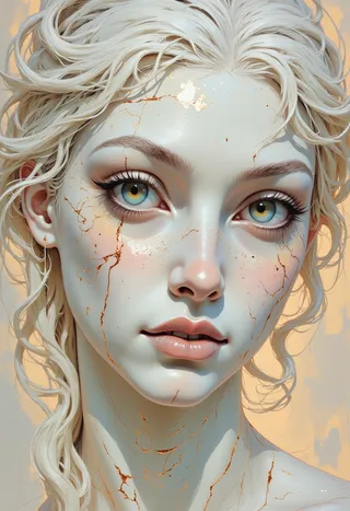 Close-up portrait of a girl with a marble-like face adorned with golden kintsugi cracks, luminous blue-green eyes, and flowing pale hair against a soft impressionistic background.