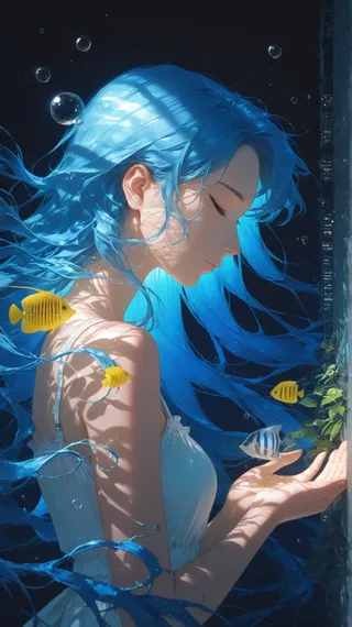 Side profile of a girl with flowing blue hair underwater surrounded by tropical fish, bubbles, and light caustics, holding vines in her hand.