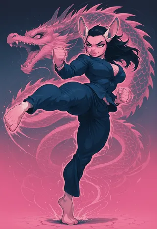 Muscular donkey girl in blue business suit performing a high kick with a fierce expression, backed by a glowing pink holographic dragon.