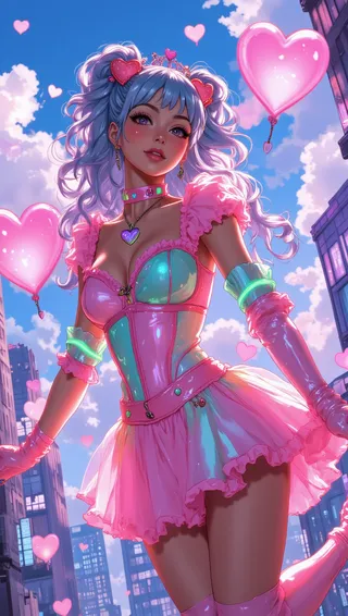 Luminous young woman with cotton-candy blue twin puffs, wearing a neon pastel bodysuit and surrounded by glowing pink heart balloons in a cityscape.