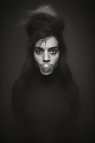 Black and white portrait of an Irish woman with strange hair blowing a bubble gum bubble, featuring Rembrandt lighting and a grainy, analog texture reminiscent of daguerreotype photography.