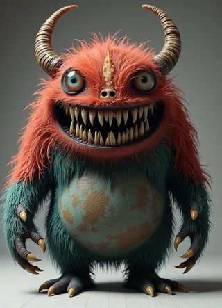 A whimsical horror-themed furry creature with bright orange-red and turquoise fur, large spiraled horns, oversized blue eyes, and a wide toothy grin.