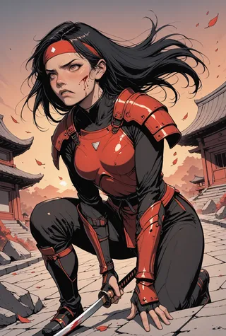 Asian samurai girl in red armor kneeling dynamically, holding a katana with blood on her face, set against a Japanese temple and falling autumn leaves at sunset.