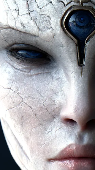 Close-up of a face with cracked, textured skin, featuring a vivid blue eye and an ornamental metallic mark on the forehead.