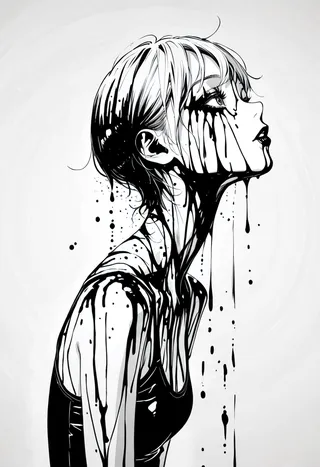 Monochrome ink wash painting showing a woman in profile with black ink dripping down her face and body