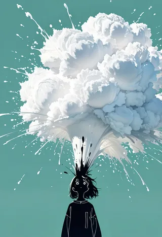 A surreal artwork showing a silhouette of a girl with black ink bursting upward into a large, detailed white foam explosion resembling ink splashes, set against a teal background.