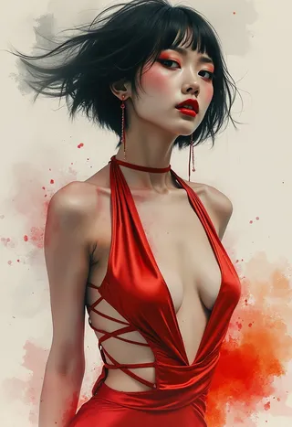 Portrait of an oriental young woman with bobbed black hair wearing a seductive red silk dress with cutouts, red lips, and long earrings against an abstract watercolour background.