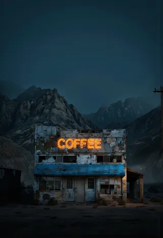 A rustic, dilapidated coffee shop in a desolate landscape at night, featuring a glowing orange sign that reads 'COFFEE' against a dark blue mountainous backdrop.