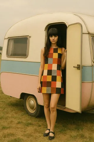 Young woman in 1960s mod patchwork dress standing at the open door of a vintage cream, baby blue, and pink caravan in an open field with a retro film grain effect.