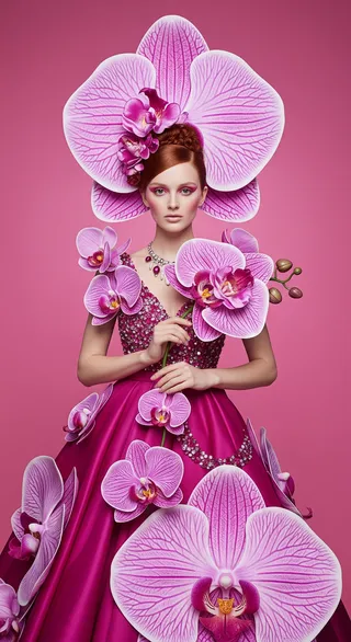 Red-haired woman in a glossy Valentino gown adorned with 3D orchids, standing against a bold Radiant Orchid background with bright, flat lighting.