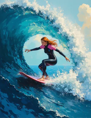 A red-haired girl surfer in a black and pink wetsuit skillfully riding a large curling ocean wave with bright blue water and white frothy spray under a sunny sky.