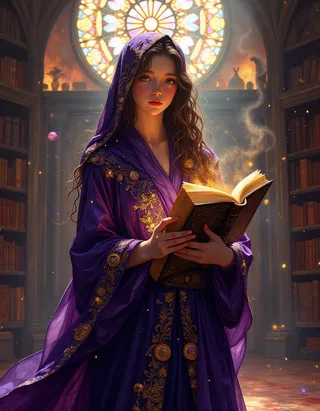 A young oracle stands in an ancient library illuminated by sunlight through a stained glass window, wearing a purple robe embroidered with gold constellations, holding a glowing magic book.