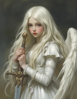 A fragile, skinny female angel with flowing white hair and large feathery white wings, wearing 1500s white plate mail armor and holding a detailed ornate longsword, depicted in warm Rembrandt-style lighting.