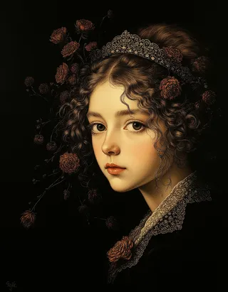 Hyper-realistic oil painting of an angelic young girl with curly hair, wearing a delicate lace collar and a floral crown with roses, softly lit with Rembrandt lighting against a black background.