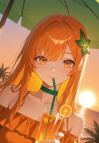 Portrait of a girl with long orange hair and green hair ornament drinking orange juice with a green straw, set against a sunset background with palm trees and a green parasol.