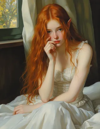 Hyper-realistic oil painting of a petite elf girl with long red hair sitting thoughtfully on a bed wearing a white slip and tightly laced corset, illuminated by soft Victorian sunlight.