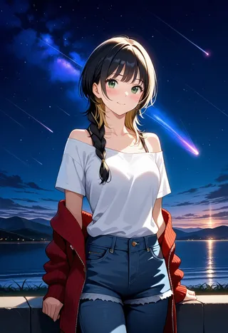 Anime-style girl with braided black and blonde hair, green eyes, smiling and blushing, wearing a white off-shoulder shirt, denim shorts, and a red knit sweater under a starry night sky with multiple shooting stars.