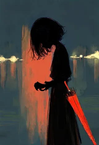 Silhouette of a woman in Victorian era style holding a red umbrella against a dark moody background with bold lines and red and gold highlights.