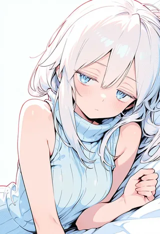 Anime style girl with white long hair and blue eyes blushing, wearing a sleeveless white ribbed sweater, reclining with a shy expression.