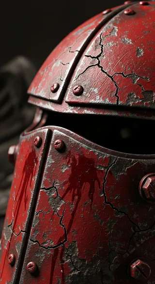 Close-up macro photograph of a cracked, battle-worn red helmet fragment, featuring aged metal with chipped paint and dried blood stains in post-apocalyptic style.
