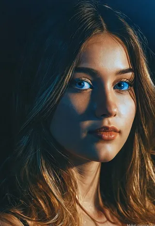 Portrait of a young woman with striking blue eyes illuminated by warm golden light on the left and cool blue light on the right, set against a dark gradient background.