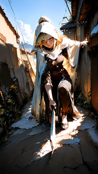 A determined girl wearing a white hooded cloak crouches in a narrow, sunlit alleyway holding a sword pointed forward, rendered in a painterly traditional art style.