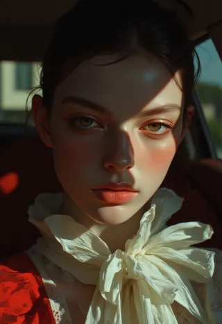 Close-up portrait of a young woman in a car with dramatic sunlight filtering through window blinds casting striped shadows on her face, highlighting her reflective skin and serene expression.