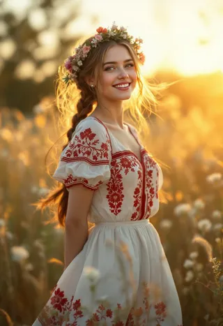 A young Ukrainian peasant woman in a traditional white dress with red embroidery and a floral wreath in her braided hair stands smiling in a sunlit field of wildflowers during golden hour.