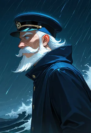 Portrait of an old captain with white beard and hair in a navy blue raincoat and captain's cap, standing in a storm with rain and large waves at night.