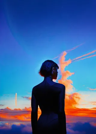 Silhouette of a girl with short hair in a dark outfit facing a vivid sky with bright orange sunset clouds and a blue space backdrop