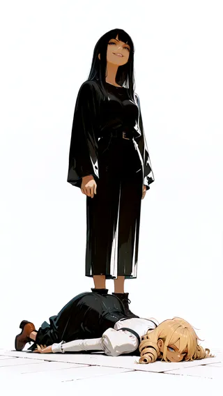 Two girls in western comics style; a black-haired girl standing with an evil smile, and a blonde girl with twin drills lying face down on the wooden floor.