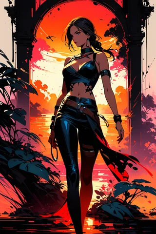 Elegant depiction of Lara Croft standing in a jungle archway with a vivid orange sunset background, showcasing an ink art style.