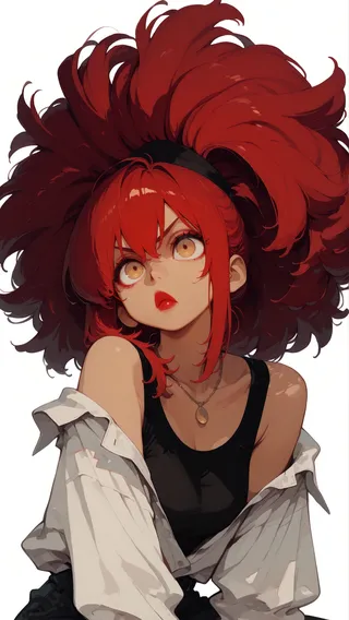 Stylized illustration of a girl with big red hair in a wide ponytail, puckered red lips, wearing a black tank top layered under a white off-shoulder shirt, with a necklace, against a simple white background.