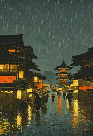 Night scene of Asakusa district with rain falling, traditional Japanese buildings, illuminated signs, and people walking with umbrellas reflecting on wet street.