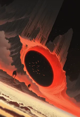 A digital illustration featuring a glowing fiery portal embedded in a towering mountain structure with a flock of birds flying through it, set against a dark ominous sky.